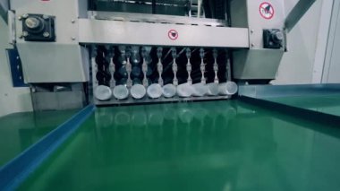 Plastik bardaklar konveyör bandına yerleştiriliyor.