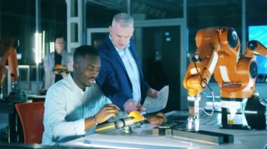 Erkek araştırmacılar endüstriyel bir robot cihaz üzerinde çalışıyorlar.