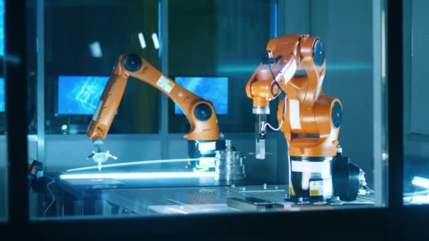 Wissenschaftslabor mit zwei funktionierenden Robotermechanismen — Stockvideo