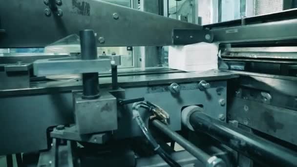 Máquina de embalaje de servilletas de papel de trabajo en una planta de papel — Vídeos de Stock
