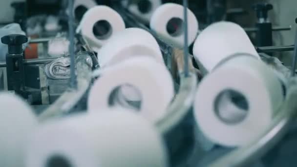 Primer plano de rollos de papel higiénico moviéndose a lo largo del transportador — Vídeo de stock