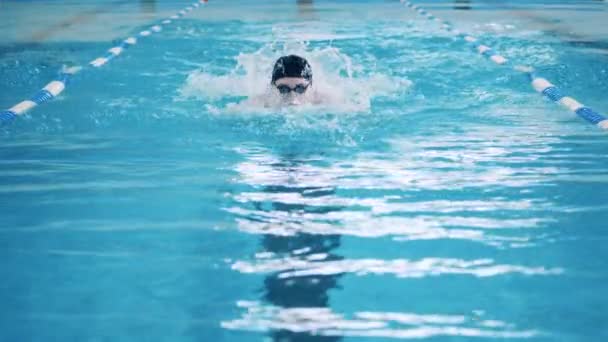 Movimento lento de um homem nadando borboleta na piscina — Vídeo de Stock