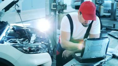 Tamirci, bir dizüstü bilgisayarla araba tanılama testi yapıyor. Araba servisinde çalışan oto tamircisi.