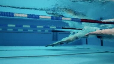 Spor aktivitesi, azim, egzersiz, sağlıklı yaşam tarzı kavramı. Sporcular havuza dalar ve yüzmeye başlarlar.