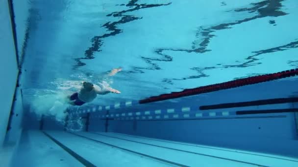 Έννοια της αθλητικής δραστηριότητας, αποφασιστικότητα, προπόνηση, υγιεινό τρόπο ζωής. Αθλητής κολυμπά πρόσθιο εγκεφαλικό επεισόδιο. Κάτω από το νερό. Έννοια ανταγωνισμού επαγγελματιών κολυμβητών. — Αρχείο Βίντεο