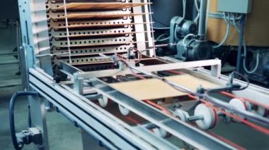 Yeni üretilen waffle tabakaları mekanik olarak taşınıyor. Fabrika ekipmanları, endüstriyel şeker üretimi.