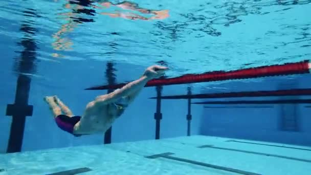 Atleta masculino profesional con gafas practica natación bajo el agua. Concepto de actividad deportiva, determinación, entrenamiento, estilo de vida saludable. — Vídeos de Stock