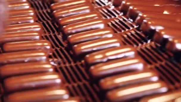 Fabrikausrüstung, industrielle Herstellung von Bonbons. Automatisierte Verglasung von Schokoriegeln, die sich entlang des Förderbands bewegen — Stockvideo