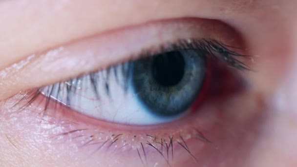 Eine Person mit blauen Augen blinkt in einer Nahaufnahme — Stockvideo