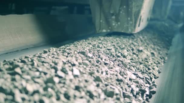 El mineral desmenuzado se mueve lentamente a lo largo de la máquina transportadora. Transportador industrial minero en la fábrica de procesamiento de minerales. — Vídeos de Stock