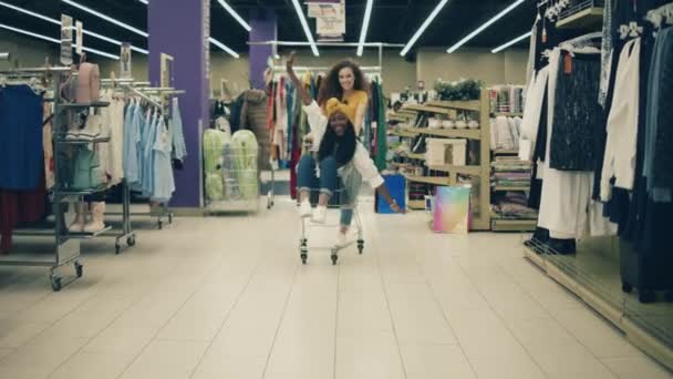 Vrolijke dame is wheeling haar vrouwelijke vriend in een winkelwagentje — Stockvideo