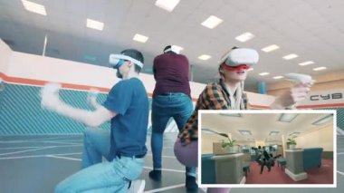 Bir grup insan resmen atış oyunu oynuyor. VR oyunu, artırılmış gerçeklik kavramı.