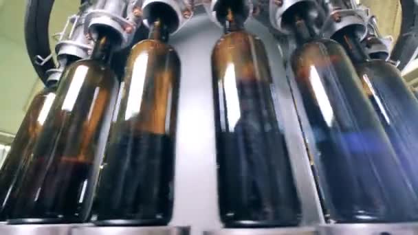 Transportador de engarrafamento automatizado. Garrafas vazias sendo cheias de vinho em uma fábrica — Vídeo de Stock