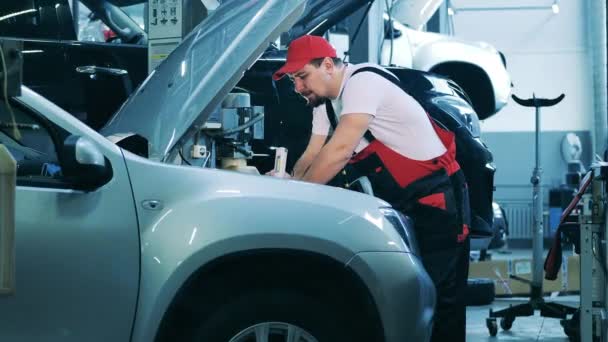 Especialista em carros verifica o interior de um carro usando sua lanterna — Vídeo de Stock