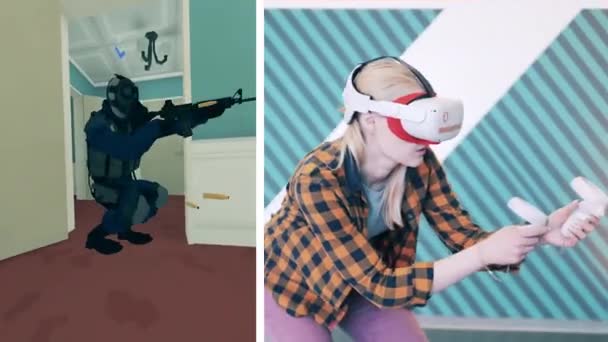 Exibição virtual de um jogo de tiro com uma senhora jogando. Jogo VR, conceito de realidade aumentada. — Vídeo de Stock