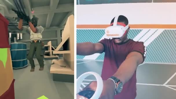 VR-Figur und ein Afrikaner, der ihn spielt — Stockvideo