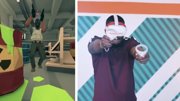 Virtuelle Spielfigur und ein Afrikaner, der ihn spielt. VR-Spiel, erweitertes Reality-Konzept. — Stockvideo