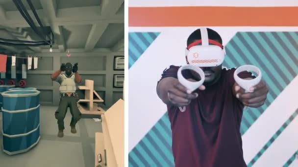 Un hombre interpreta a un personaje africano en un shooter VR — Vídeo de stock