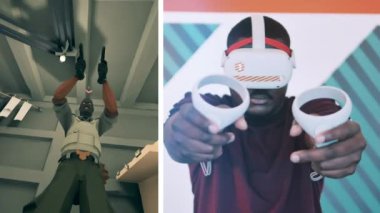 Afrikalı bir adam sanal tetikçide bir karakteri oynuyor. Sanal gerçeklik video oyunu kavramı.