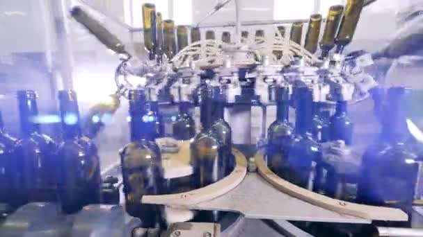 Proceso de producción de vino en una planta vinícola. Transportador de embotellado automatizado. — Vídeos de Stock