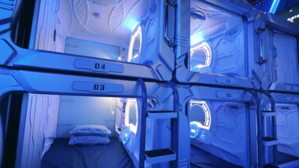 Set of empty units in a capsule hotel — Stock Video