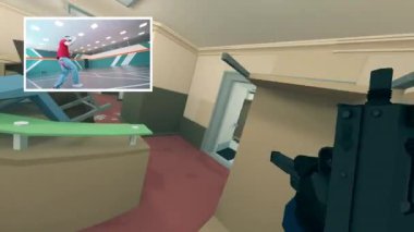 Ayrı ekranlarda bir 3B oyunun erkek oyuncusu ve sanal gerçekliği
