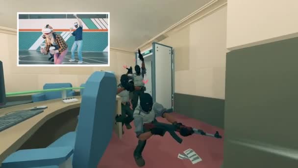 プレイヤーチームは3Dゲームの仮想現実をナビゲートしています。拡張現実、仮想現実ゲーム. — ストック動画