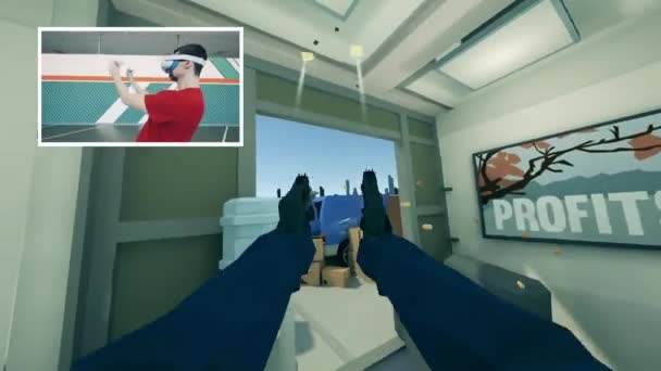 Dos pantallas que muestran una realidad de juego en 3D y un hombre jugando — Vídeo de stock