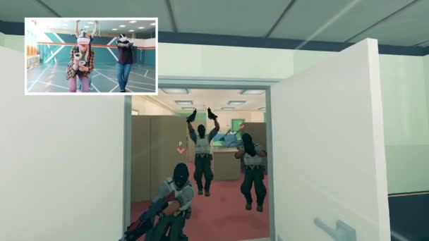 VR, 360 conceito de jogo inovador. Equipe de VR-players e seus personagens em dois monitores separados. VR, 360 conceito de jogo inovador. — Vídeo de Stock