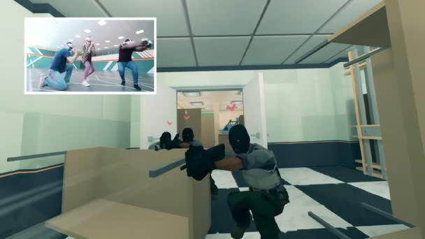 Juego de disparos en 3D con un equipo de jugadores que participan en él. VR, 360 concepto de juego innovador. — Vídeo de stock
