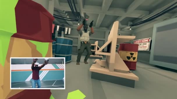 Afrikanischer Spieler und seine VR-Figur auf zwei separaten Displays. VR, 360 innovatives Spielkonzept. — Stockvideo