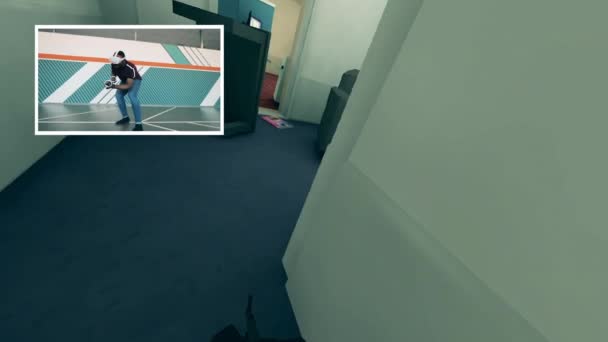 Jugador masculino está navegando la realidad virtual de un juego de disparos — Vídeo de stock