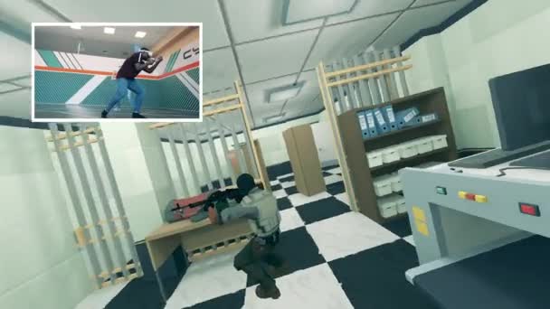 VR, 360 πρωτοποριακή ιδέα παιχνιδιού. Δύο οθόνες που δείχνουν μια εικονική πραγματικότητα παιχνιδιού και δύο άνδρες που παίζουν αυτό — Αρχείο Βίντεο
