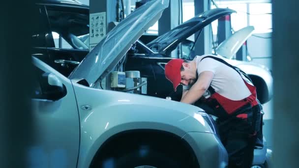 Mecánico de coche utiliza linterna para inspeccionar el interior de un vehículo — Vídeos de Stock