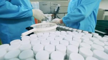 Bitki işçileri küçük tüpleri taşıyıcıya yerleştiriyorlar. İlaç fabrikası üretim hattı.