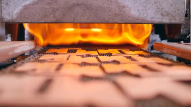Конвейерная лента с медными элементами, движущимися в печь — стоковое видео