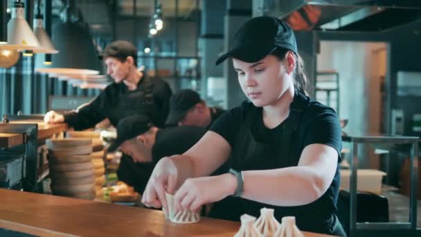 Kadın aşçı restoran tezgahında köfte şekillendiriyor. — Stok video