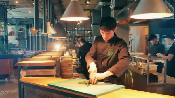 Chef masculino está cortando comida en el tablero — Vídeo de stock