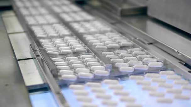 Конвейер перевозит капсульные препараты в волдырях — стоковое видео