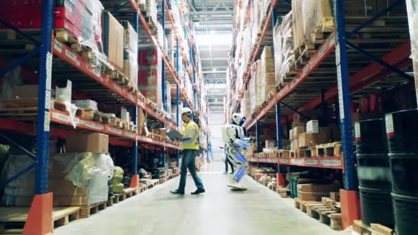 Warehouse with employees and a cyborg working together — Stock Video