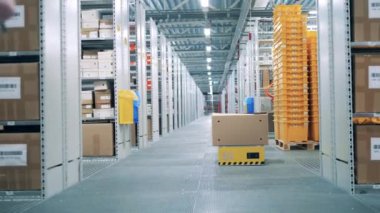 Bir erkek işçi ve robot makineli bir depo koridoru.