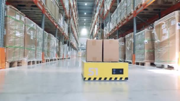 Robotmaskinen transporterar en låda genom lagret. — Stockvideo