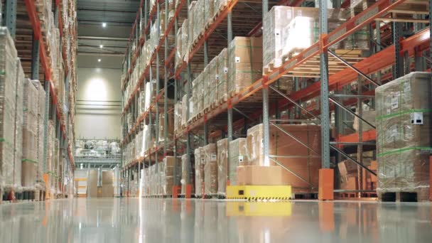 Automated machine is riding through the warehouse with a box — Stock Video