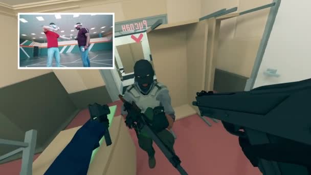 Män spelar en 3D-shooter i virtuell verklighet. Videospel om förstärkt verklighet. — Stockvideo