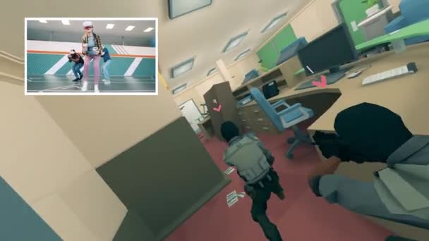 Jogo de vídeo de realidade aumentada. As pessoas estão jogando um VR-shooter como uma equipe — Vídeo de Stock