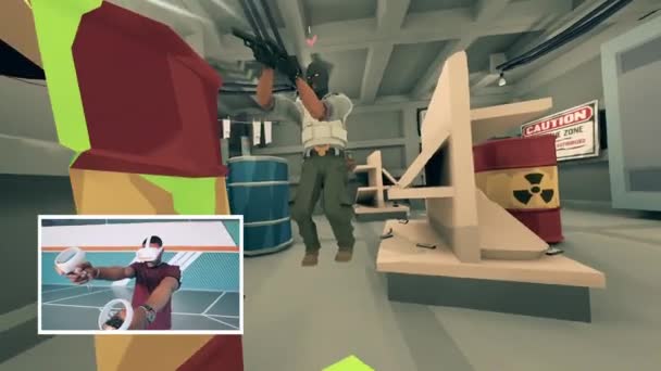 Jogador afro-americano está jogando um VR-shooter. Realidade aumentada, tecnologia de jogo futurista, conceito de jogo de vídeo 3D virtual. — Vídeo de Stock