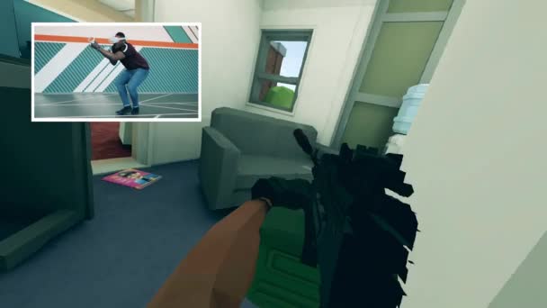 Dos pantallas con un juego de disparos en 3D y un jugador jugando — Vídeo de stock