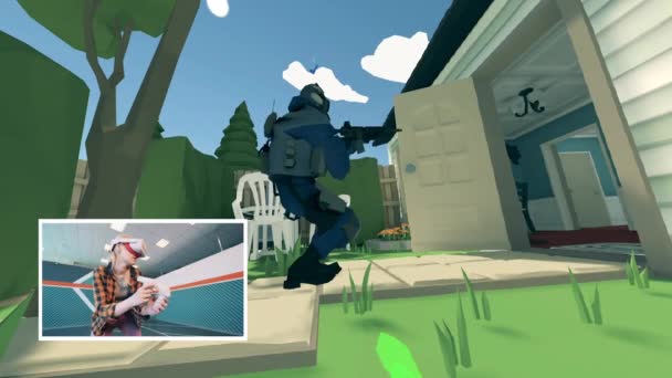 Realitate augmentată, tehnologie de gaming futuristă, concept virtual de joc video 3D. O fată joacă un shooter 3D în timp ce poartă căști VR — Videoclip de stoc