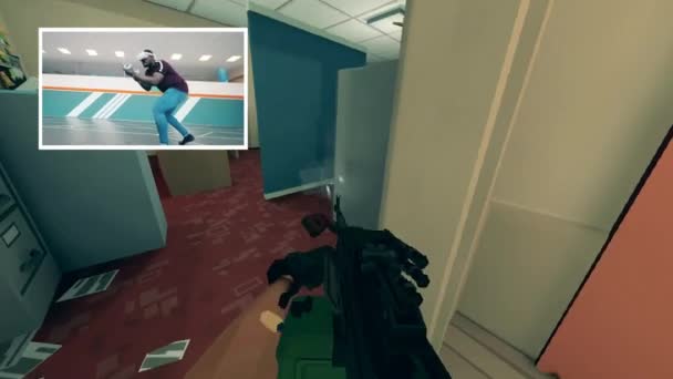 Afro-americano jugador está jugando un juego de disparos en 3D. Realidad aumentada, tecnología de juegos futuristas, concepto de videojuego virtual 3D. — Vídeo de stock