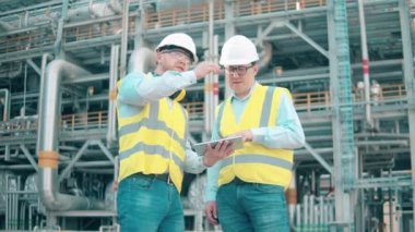 Güvenlik görevlisi işçiler petrol rafinerisinde konuşuyorlar.